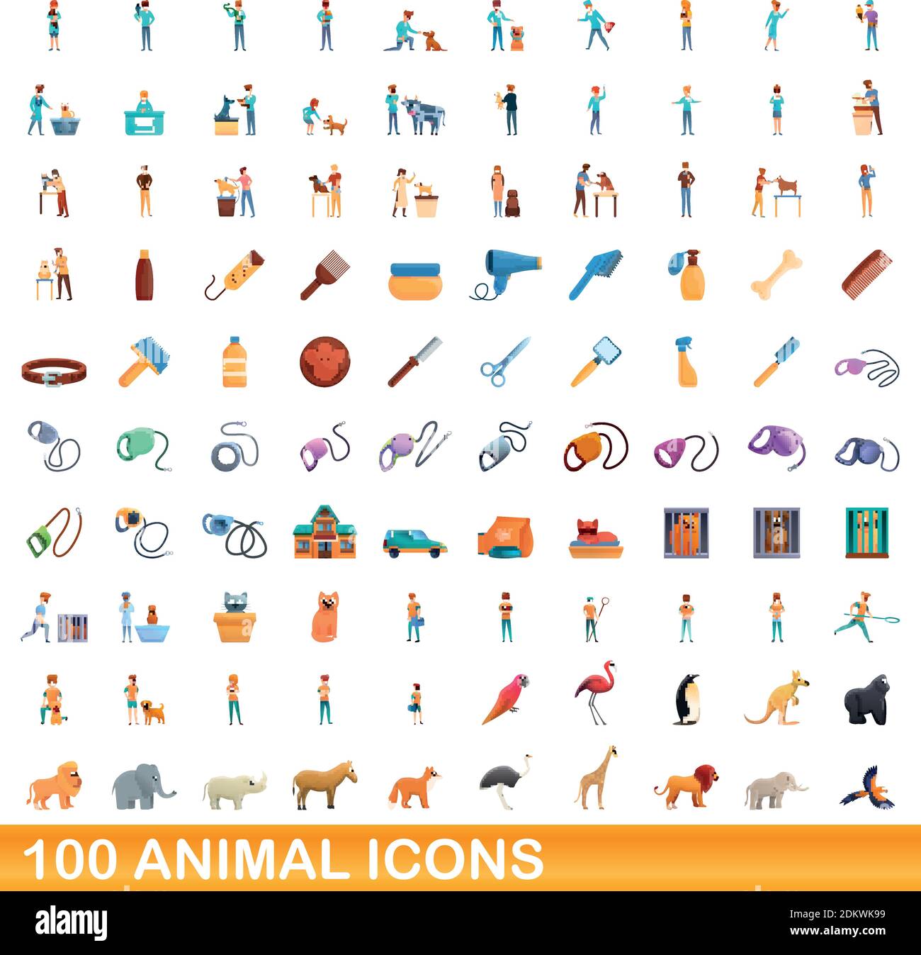 100 animali set di icone. Cartoon illustrazione di 100 icone animale set vettore isolato su sfondo bianco Illustrazione Vettoriale