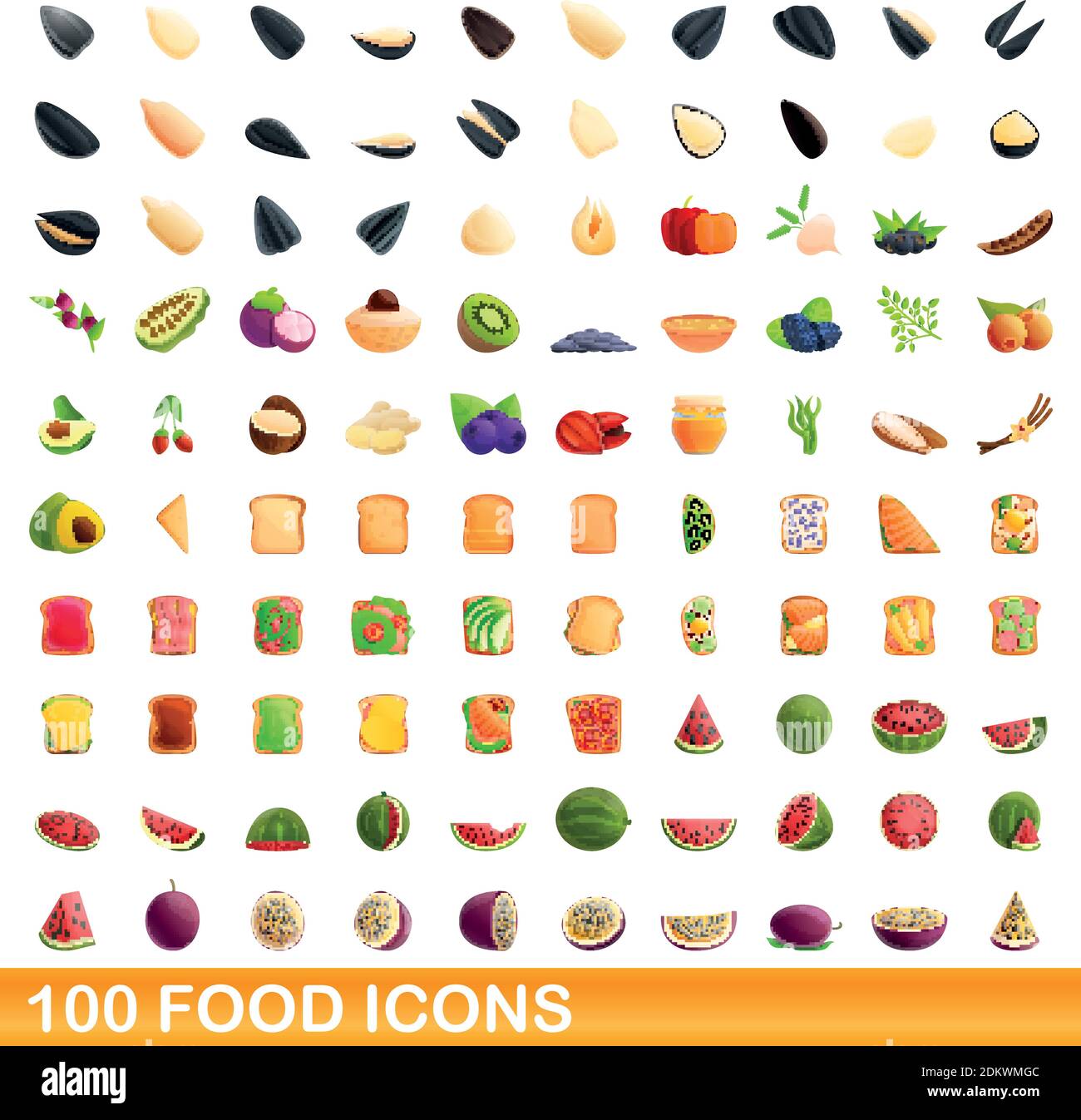 100 food set di icone. Cartoon illustrazione di 100 food icone set di vettore isolato su sfondo bianco Illustrazione Vettoriale