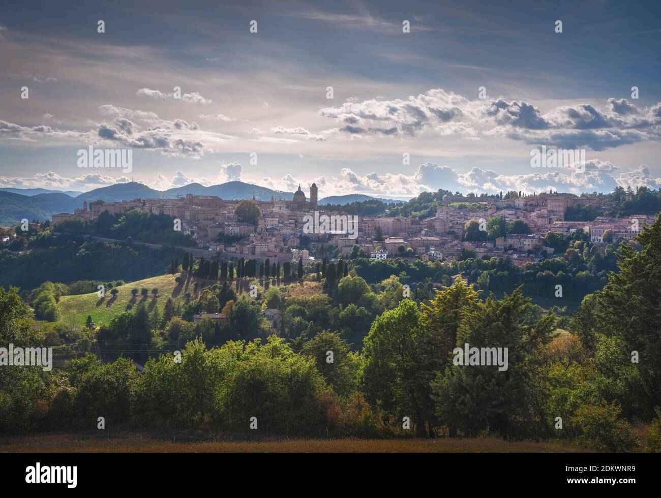 Skyline della città di Urbino e paesaggio rurale. Sito patrimonio dell'umanità dell'UNESCO. Regione Marche, Italia, Europa. Foto Stock