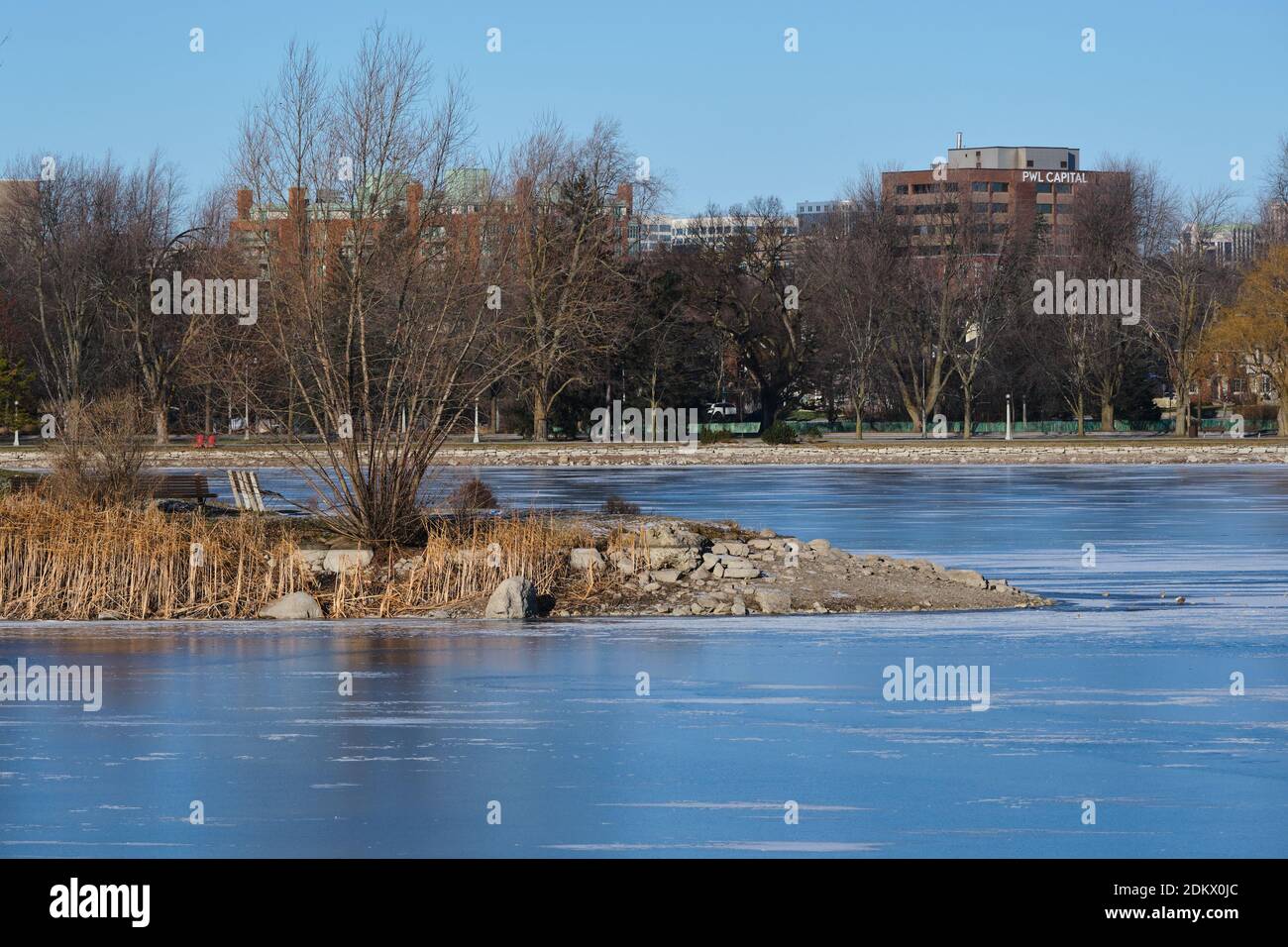Dow's Lake a Ottawa, parte del canale, che inizia a congelare a metà dicembre. Più tardi, questo sarà parte della pista di pattinaggio più lunga Foto Stock