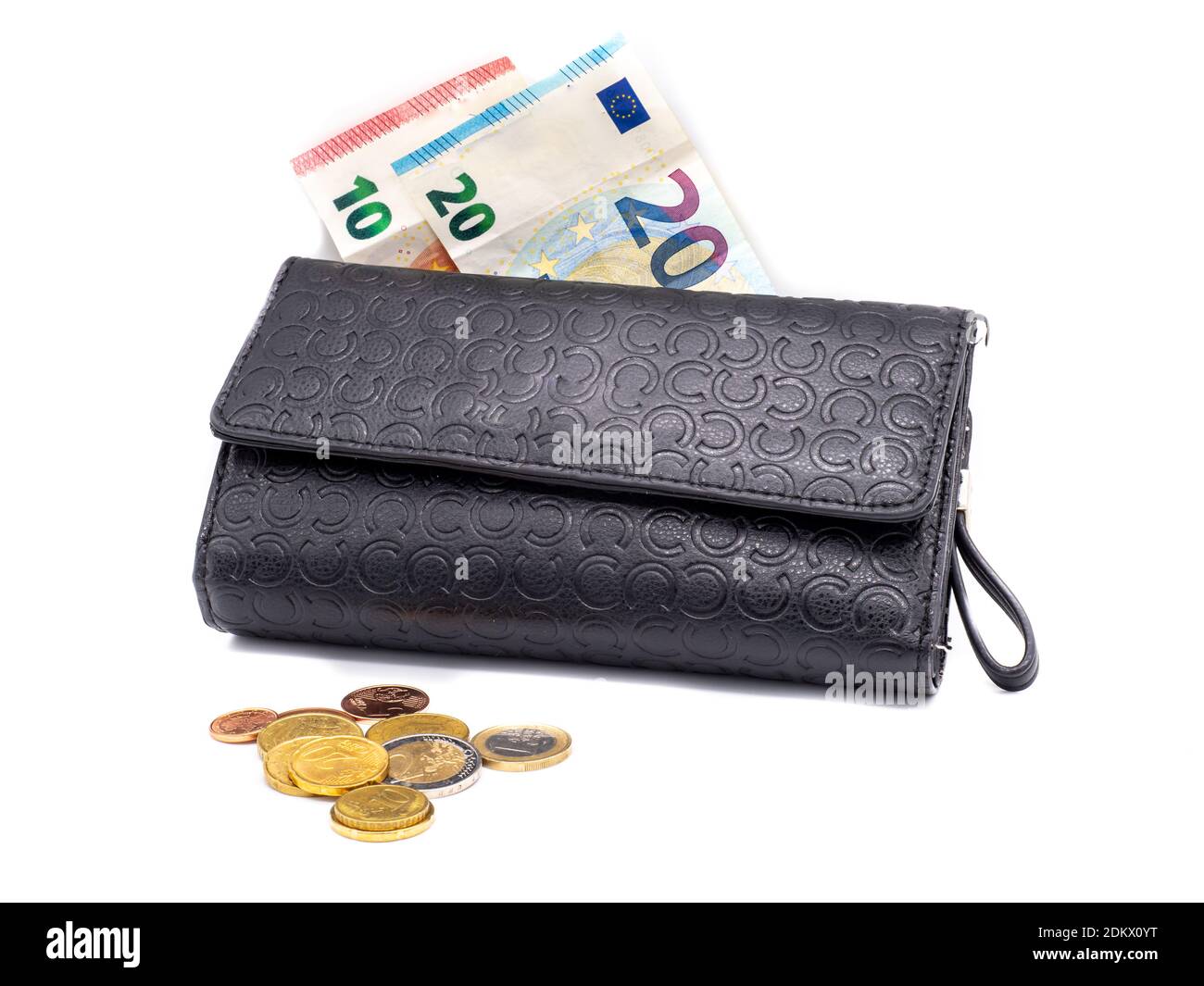 Portafoglio nero con banconote in euro su sfondo bianco Foto Stock