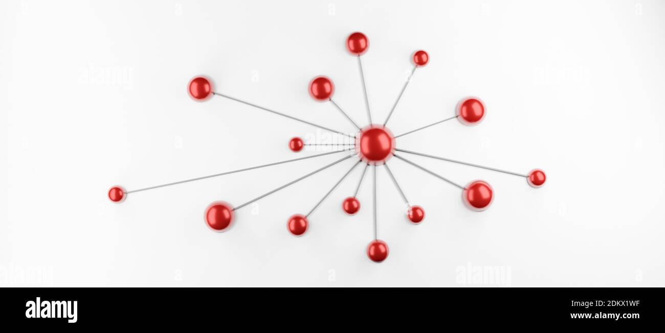 Rete, sfere rosse connesse, globi, sfere o sfere, connessione, sfondo concettuale del lavoro di squadra, sfondo bianco, rappresentazione grafica 3d cgi Foto Stock