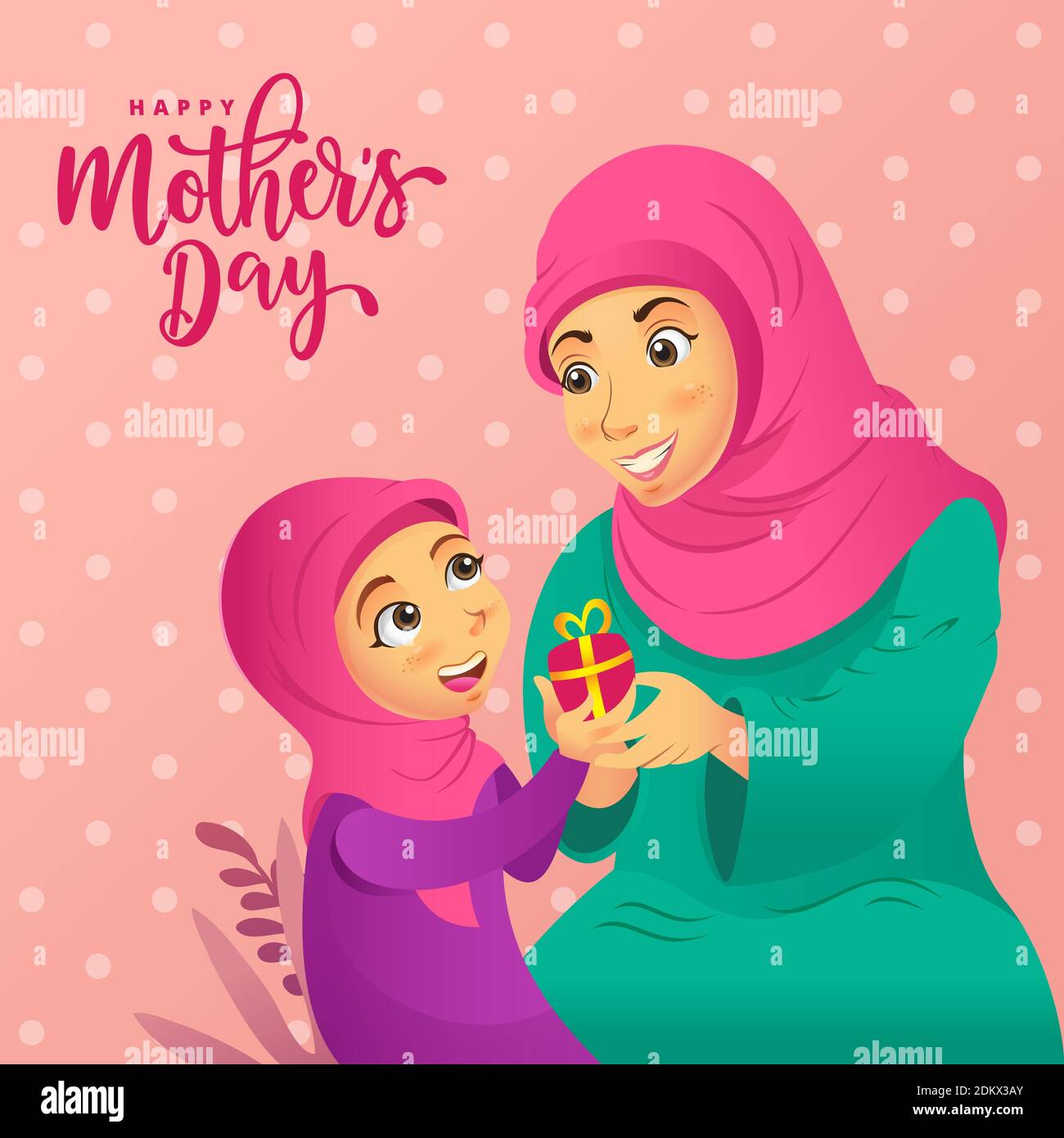 Buon giorno della madre. Cartone animato musulmano bambina che dà il regalo a sua madre. Adatto per biglietti d'auguri, poster e striscioni Illustrazione Vettoriale