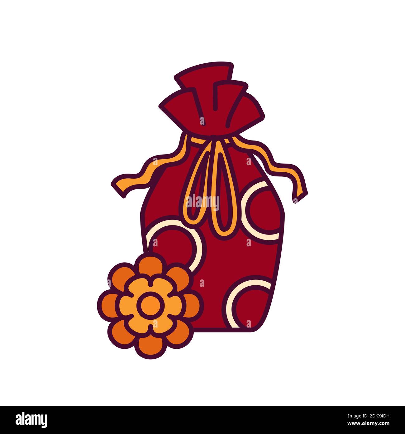 Icona web con borsa regalo fatta in casa e fiore di marigold. In India è consuetudine regali per Diwali e Makara Sankranti o Pongal Illustrazione Vettoriale