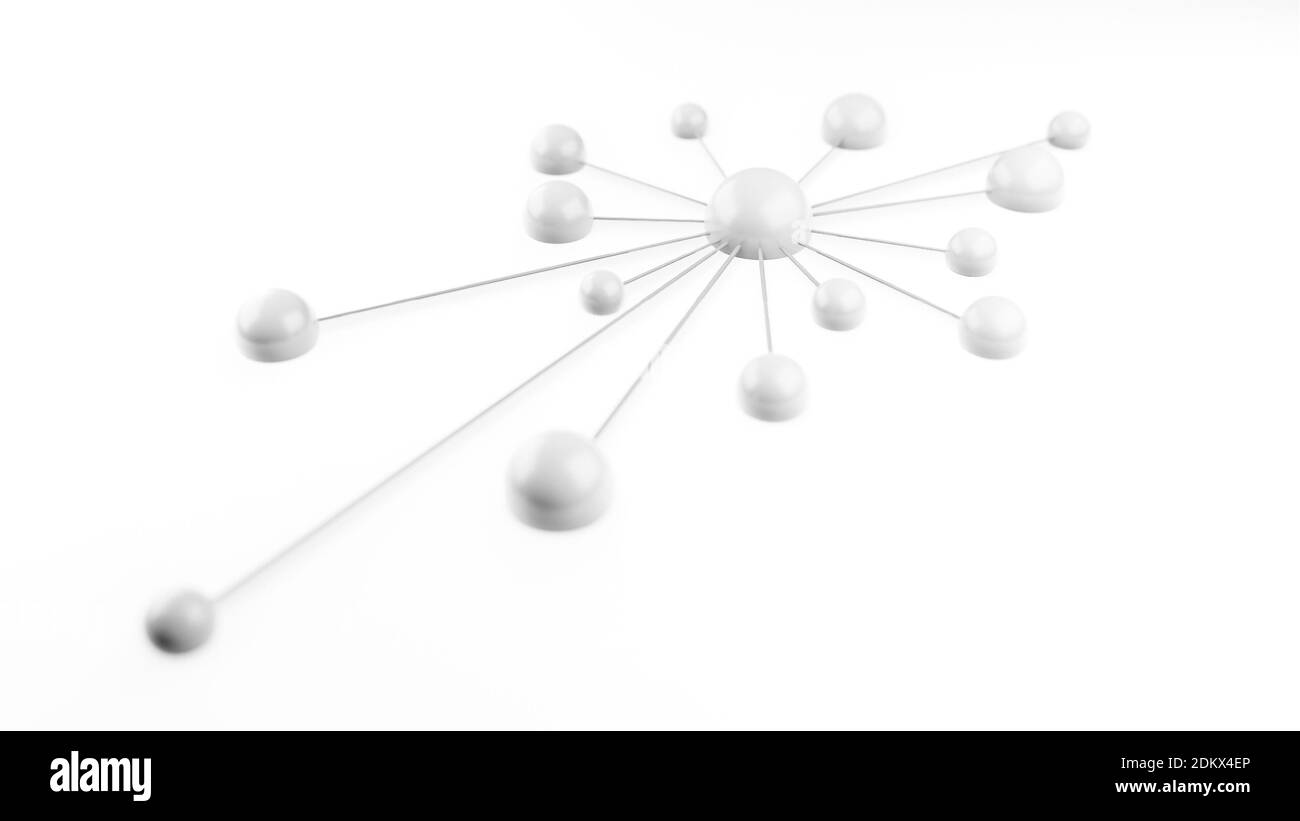 Rete, sfere connesse, globi, sfere o sfere, connessione, sfondo concettuale del lavoro di squadra, sfondo bianco, rappresentazione grafica 3d cgi Foto Stock