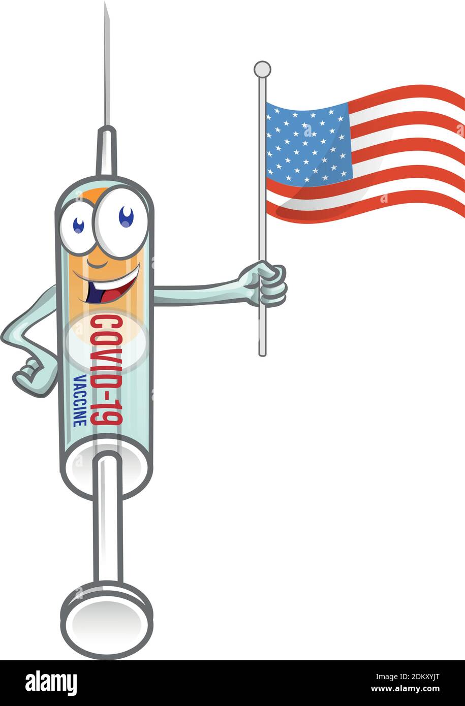 Siringa medica vaccino corona virus covid-19 con bandiera USA . vettore cartoon illustrazione Illustrazione Vettoriale