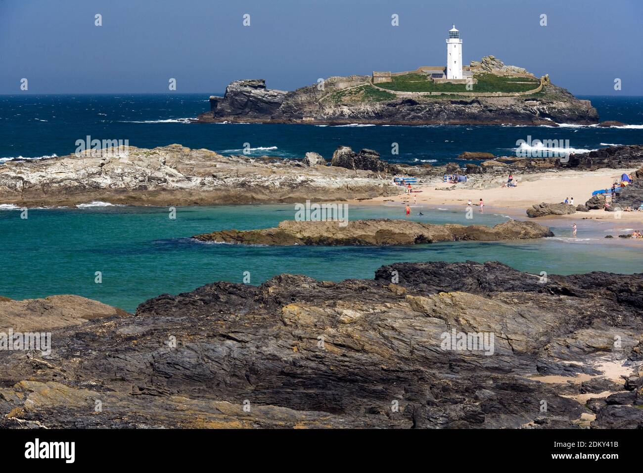 Devon. Inghilterra. 08.22.07. Faro di Hartland Point sulla costa settentrionale del Devon nel Regno Unito. Foto Stock