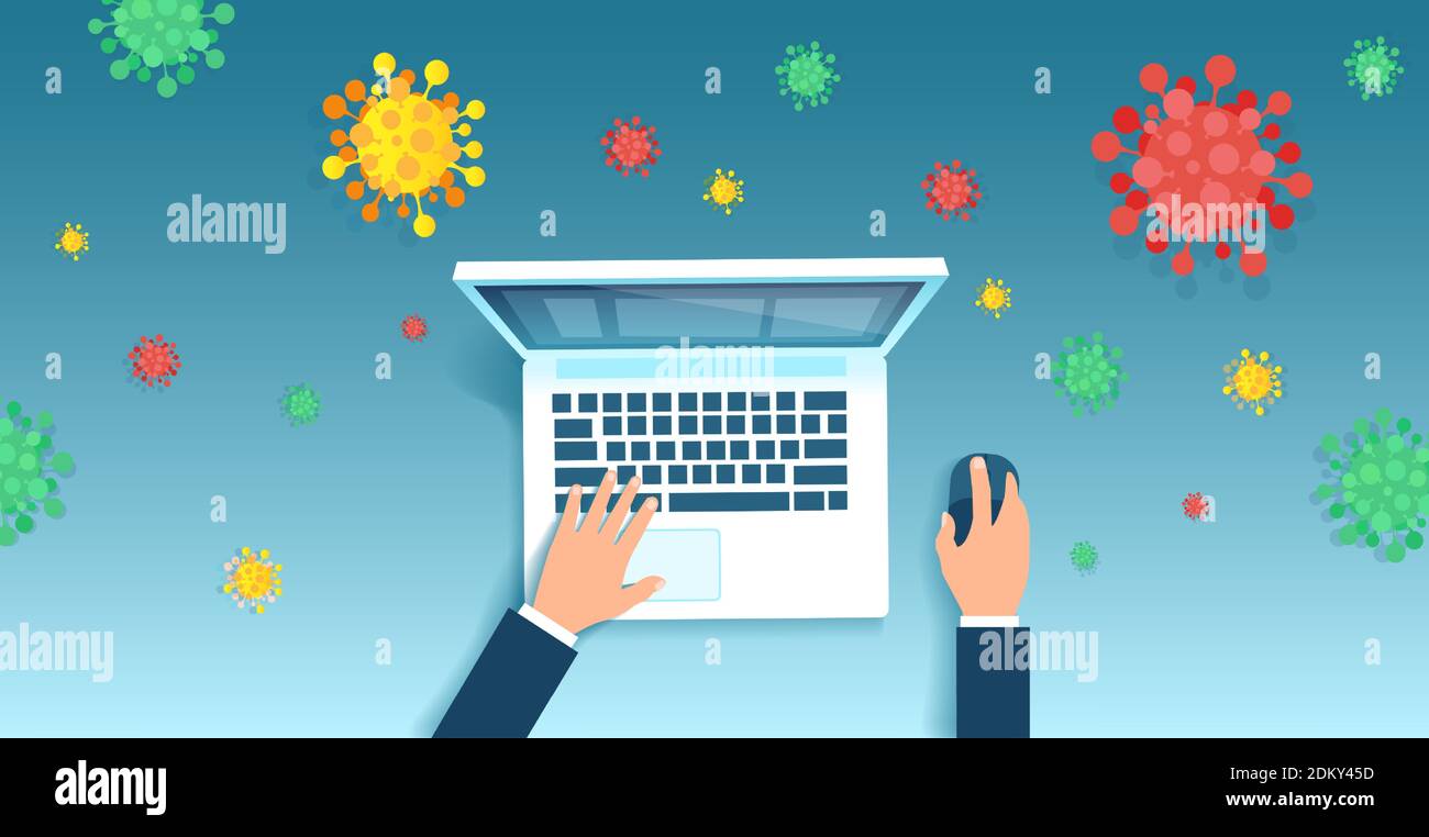 Vettore di un uomo d'affari che lavora sul suo computer a distanza durante pandemia di coronavirus Illustrazione Vettoriale