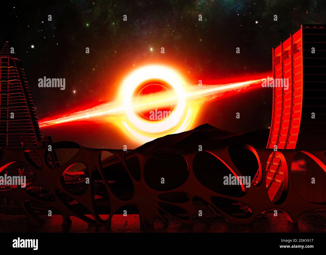 Uno sguardo a nuovi mondi, extraterrestri, exopaneti, pianeti solari extra e nuove civiltà. Fantascienza, campo gravitazionale di un buco nero Foto Stock