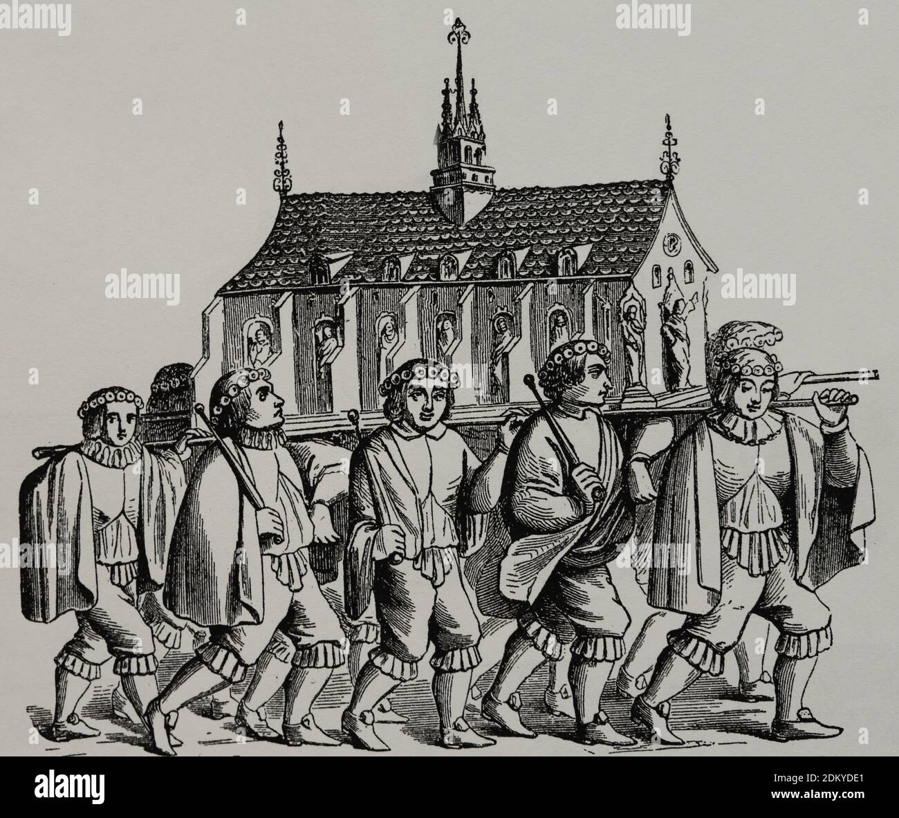La corporazione dei godsmiti della città di Parigi, portando la bara di San Genevieve. Francia. 17 ° secolo. Incisione Foto Stock