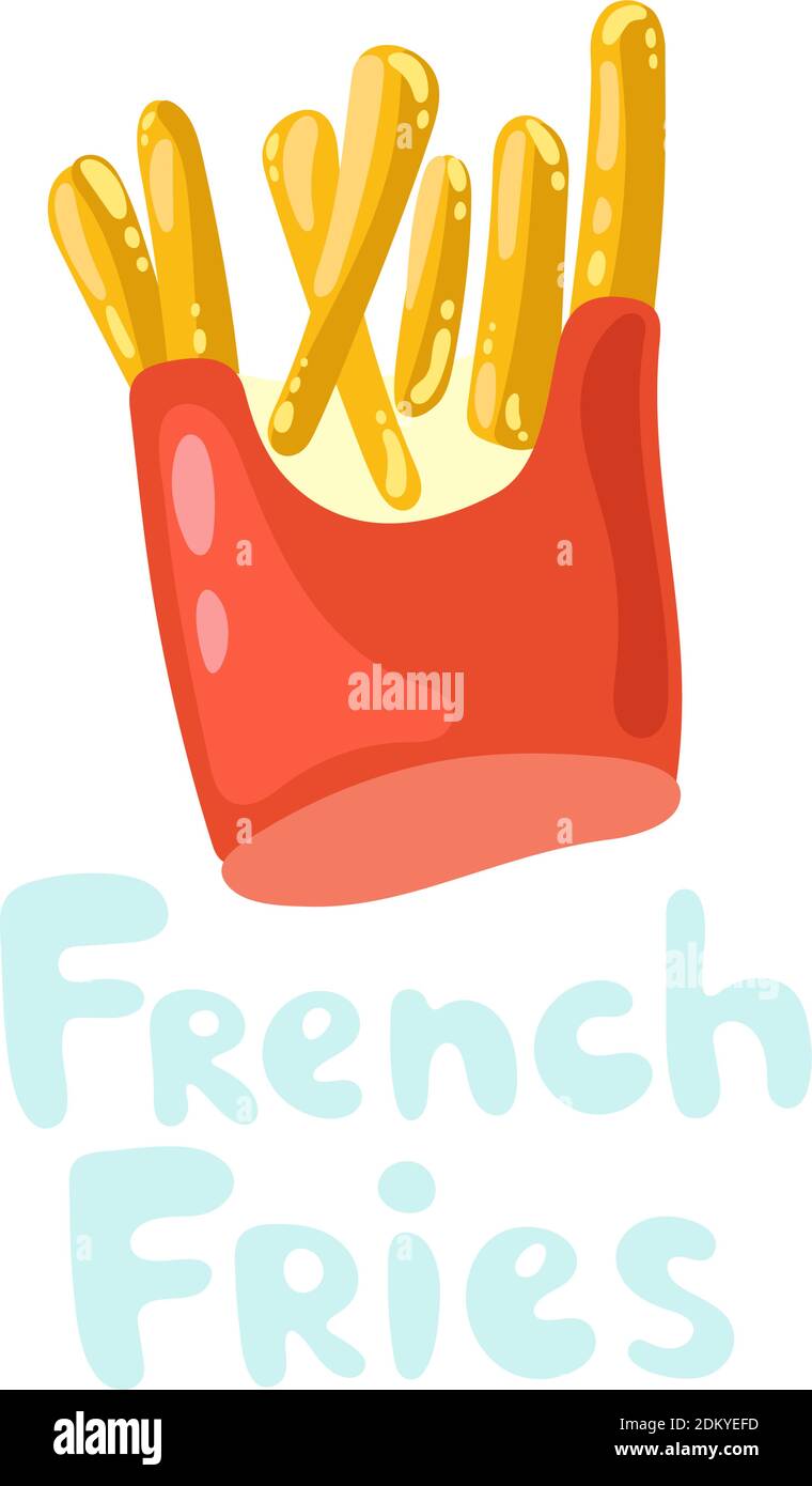 Patatine fritte kawaii vettore icona in stile piatto. Patatine fritte in una confezione di carta. Fast food americano. Patatine arrosto, un mucchio di grasso fritto Illustrazione Vettoriale