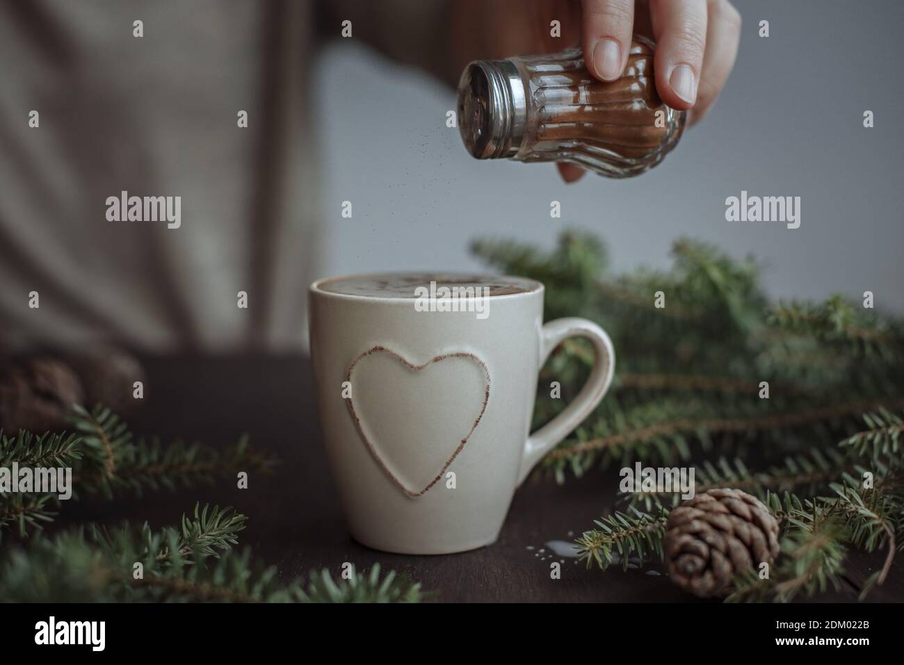 Una donna prepara il caffè di Natale con la cannella. Rami e coni di abete rosso, cucchiaio di cioccolato. Umore invernale. Foto Stock