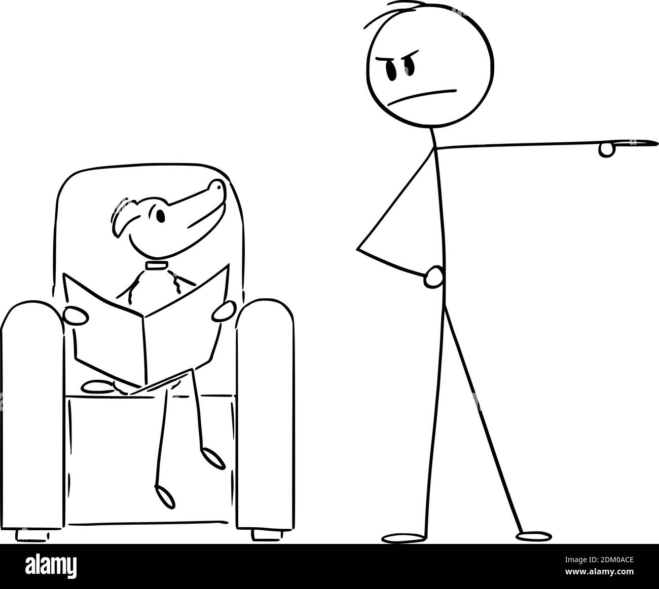 Figura del cartoon vettoriale di figura del bastone di un fumetto illustrazione del padrone o dell'uomo che prova a guidare fuori il cane dell'animale domestico seduto in poltrona un giornale di lettura. Illustrazione Vettoriale