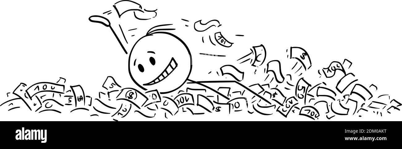Figura del cartoon vettoriale di figura del bastone dell'uomo o dell'uomo d'affari riuscito che nuota in acqua, fiume, mare, oceano, piscina o lago delle banconote di valuta del dollaro o dei soldi o contanti. Illustrazione Vettoriale
