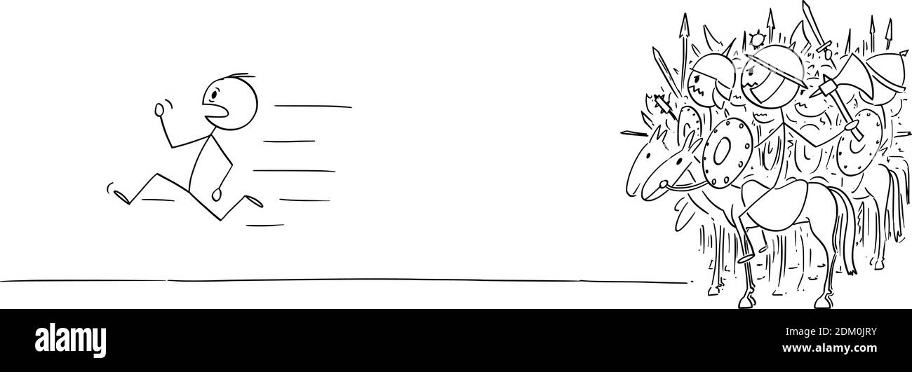 Figura del cartoon vettoriale illustrazione di uomo che corre via nella paura e nel panico da gruppo o esercito di cavalieri antichi o medievali, cavalleria, cavalieri o sposi. Illustrazione Vettoriale