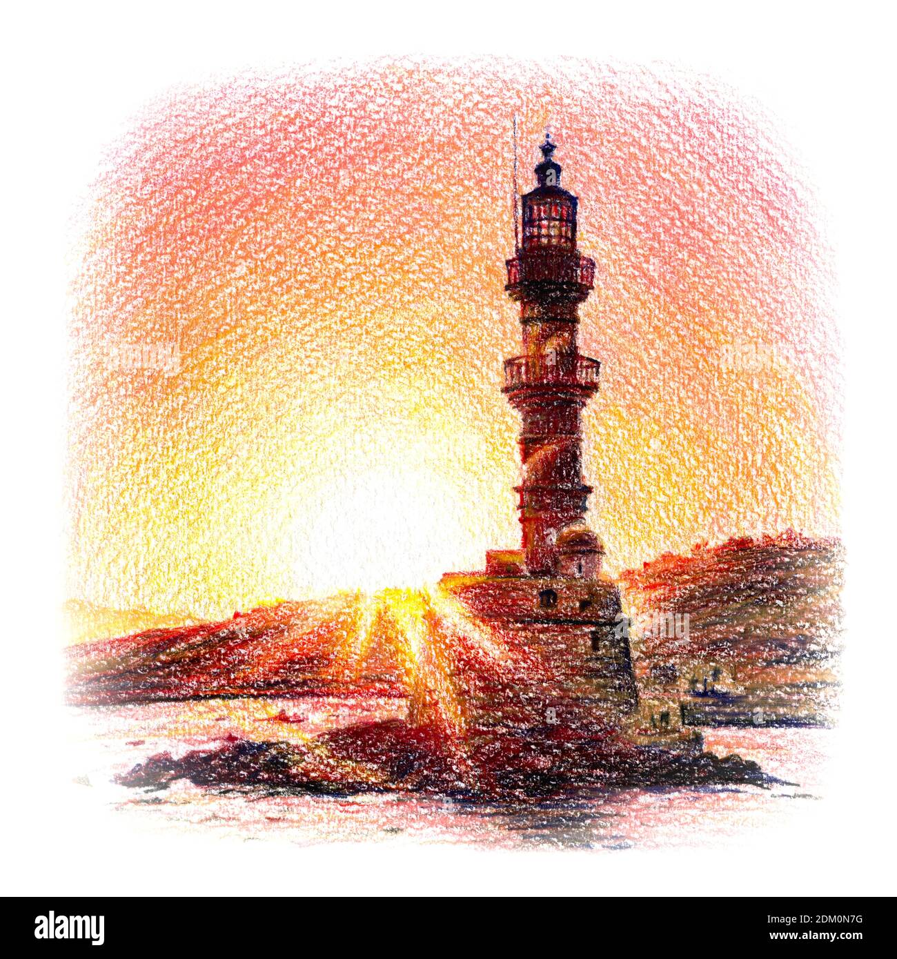 Matite colorate schizzo del faro nel vecchio porto di Chania al tramonto, Creta, Grecia Foto Stock