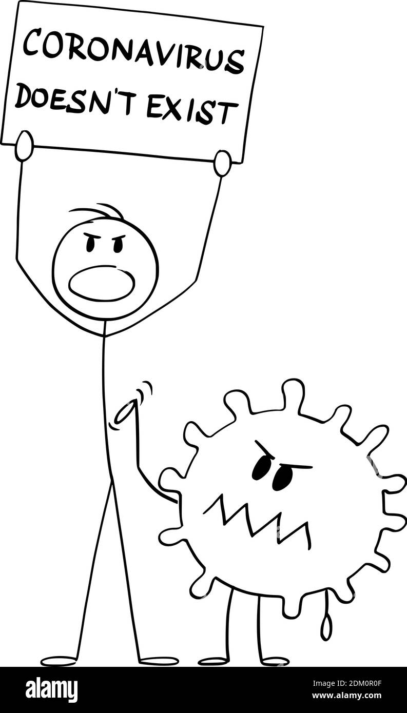 Vettore cartoon figura stick illustrazione di uomo che tiene coronavirus non esiste segno. Concetto di sars-2-COV corona reiezione epidemica. Covid-19 è dietro di lui. Illustrazione Vettoriale