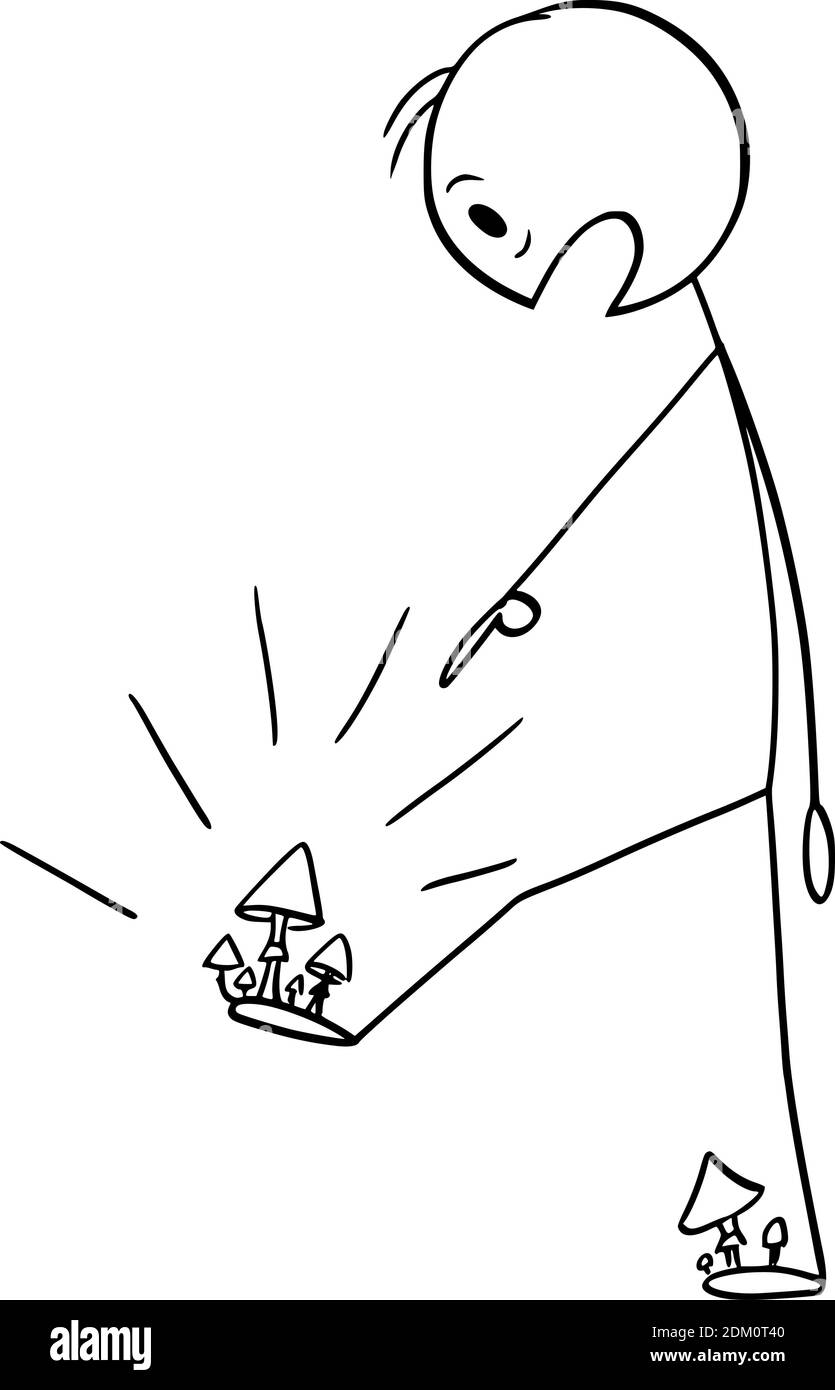 Vettore cartoon figura stick illustrazione di uomo scioccato guardando i suoi piedi infettati da infezione fungina della pelle o micosi. Illustrazione Vettoriale