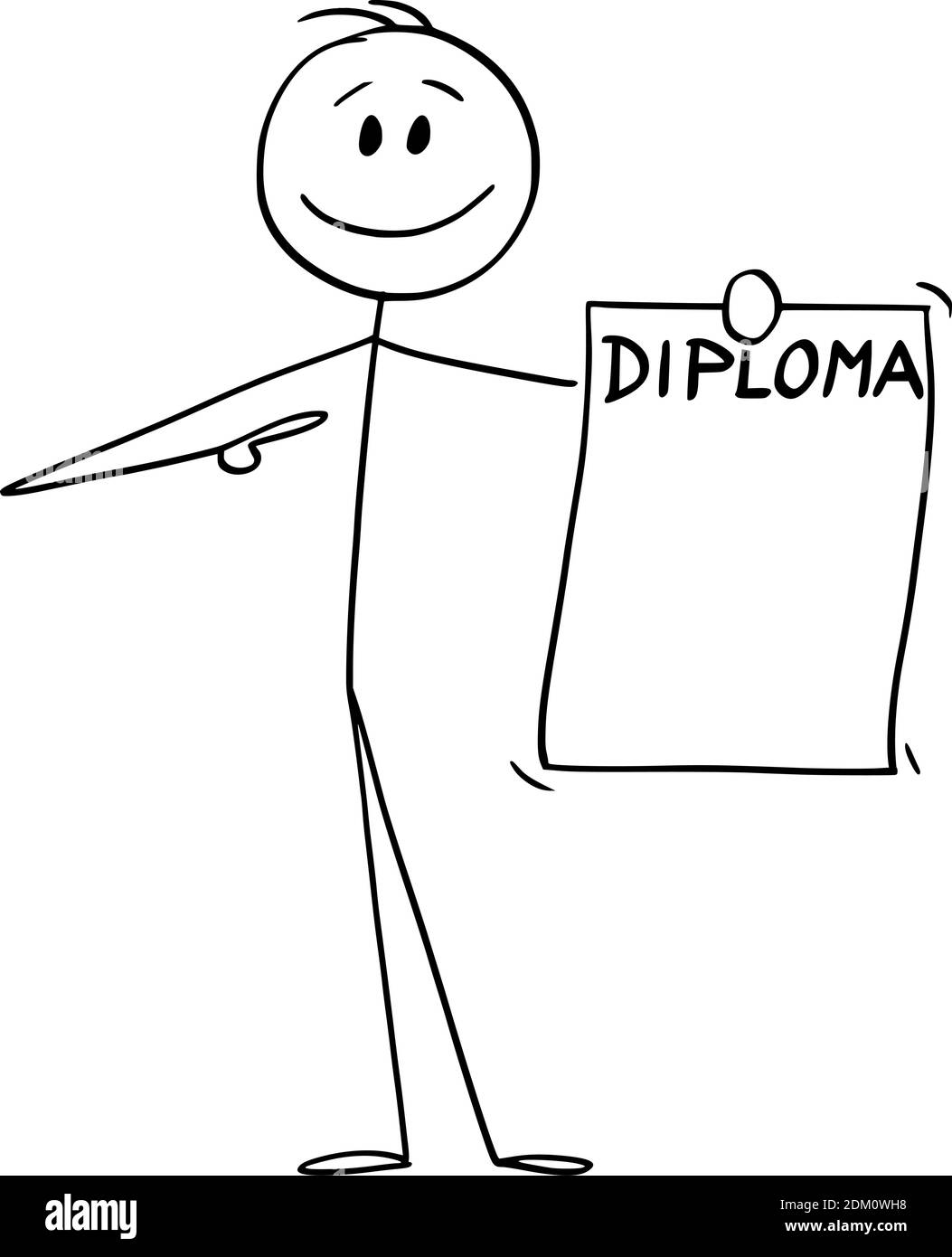 Figura del cartoon vettoriale di figura del bastone del fumante uomo positivo o dell'uomo d'affari che tiene e che mostra il suo diploma o grado universitario. Illustrazione Vettoriale