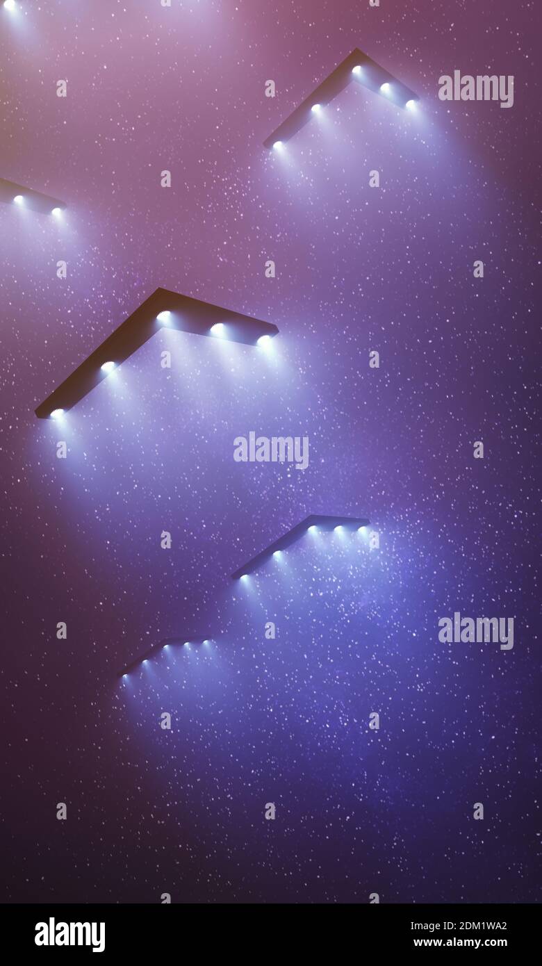 Oggetto volante non identificato di notte con nebbia e luce sotto. UFO triangolare, illustrazione 3D. Foto Stock