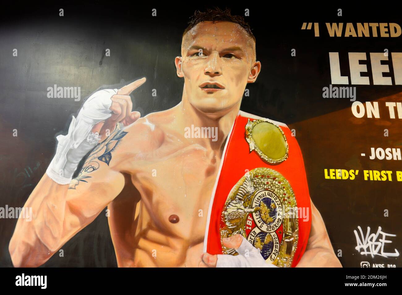 Ultimo murale di AKSE P19, del campione di pugilato Featherweight 'Josh Warrington' che è stato dipinto sulla parete di supporto del flyover A58 a Leeds Foto Stock