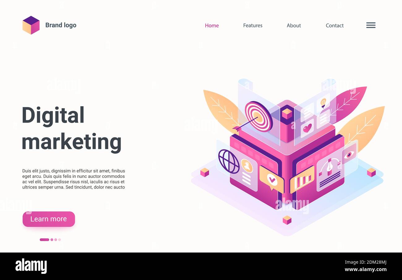 Pagina di destinazione Creative Modern Concept, banner design di siti web con cartoon 3d social media marketing promozione, servizio di sviluppo digitale. Illustrazione vettoriale della tecnologia di marketing digitale isometrica Illustrazione Vettoriale