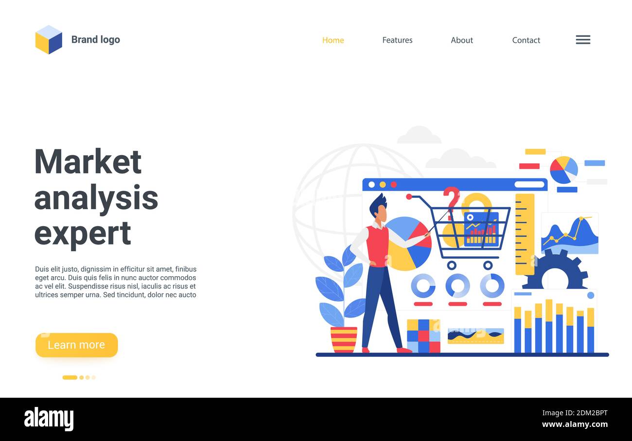 Cartoon carattere businessman consulta, fa la ricerca finanziaria, riporta l'analisi dei dati online. Servizio di consulenza Internet, progettazione di siti web landing page, business analysis expert illustrazione vettoriale Illustrazione Vettoriale