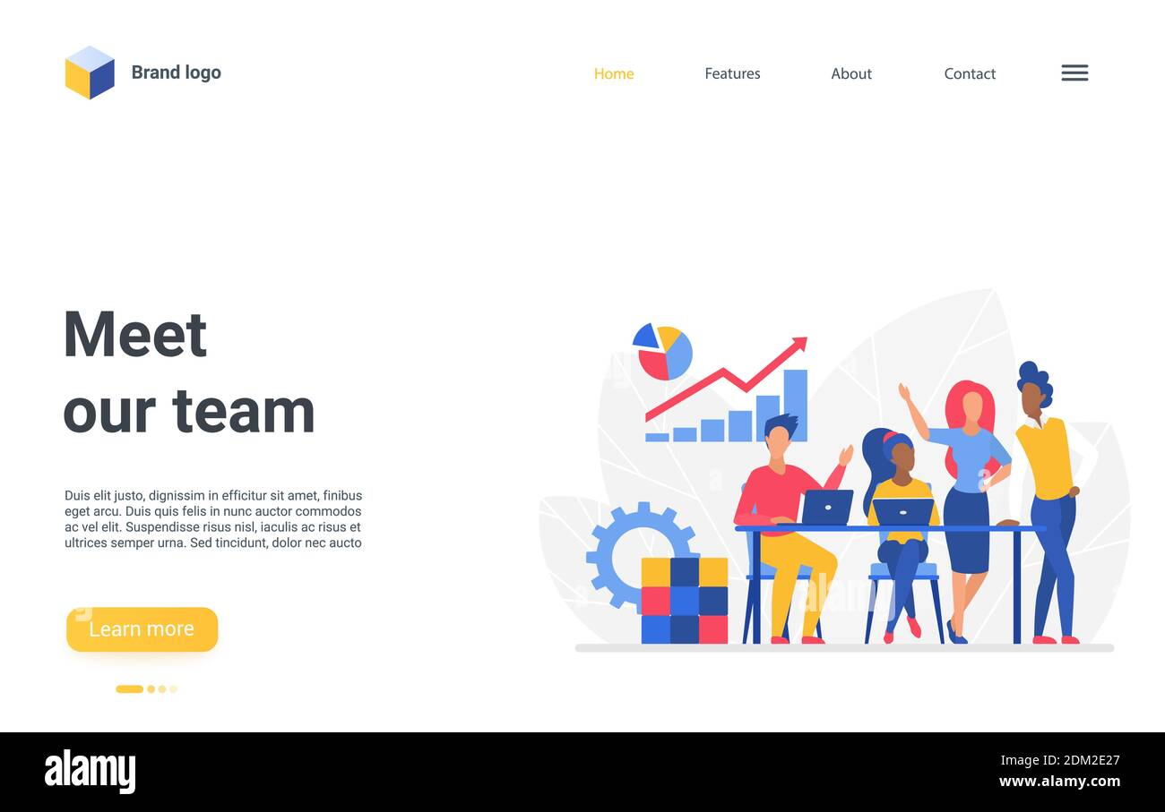 Landing page sito web design creativo con cartoon piano business uomo e business woman Corporate team meeting in ufficio, lavorando insieme sulla crescita del profitto. Illustrazione vettoriale del lavoro di squadra degli uomini d'affari Illustrazione Vettoriale