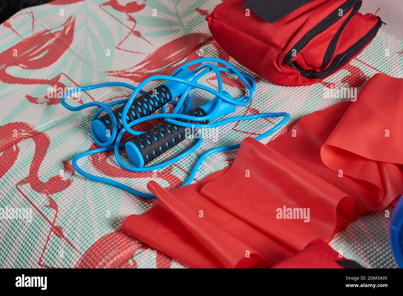 Funi di salto blu e una cassa rossa su una gomma tappetino sportivo con fenicotteri Foto Stock