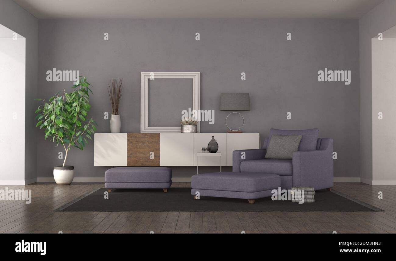 Moderno soggiorno viola con poltrona, poggiapiedi e sponda laterale sullo sfondo - rendering 3d Foto Stock