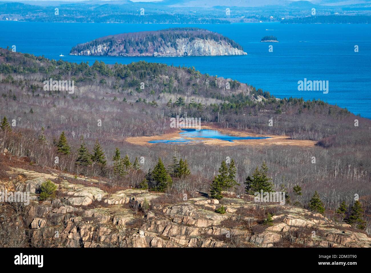 Vista panoramica della foresta nazionale di Acadia e del mare in autunno Foto Stock