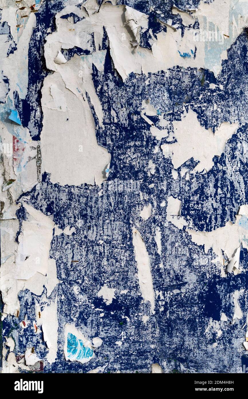 TEXTURE DI SFONDO - vecchi poster rimossi da una bacheca blu lasciando resti strappati Foto Stock