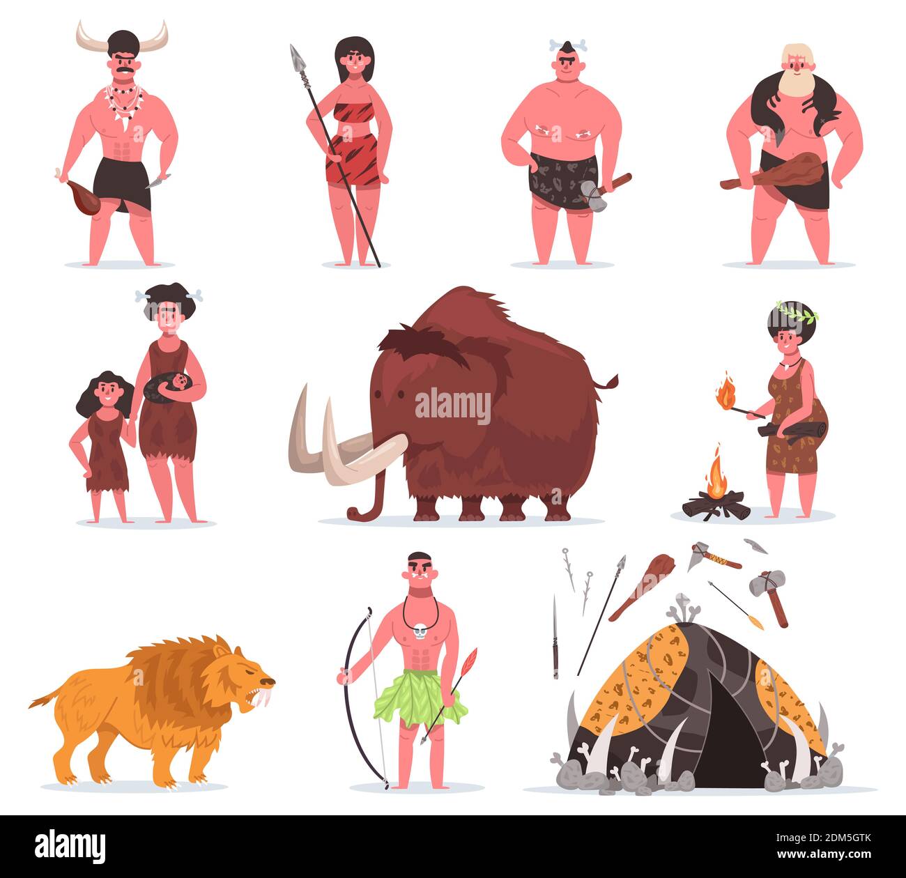 Personaggi dell'età della pietra. Caveman, personaggi primitivi, animali antichi e armi strumento. Set di illustrazioni vettoriali del periodo preistorico primitivo Illustrazione Vettoriale