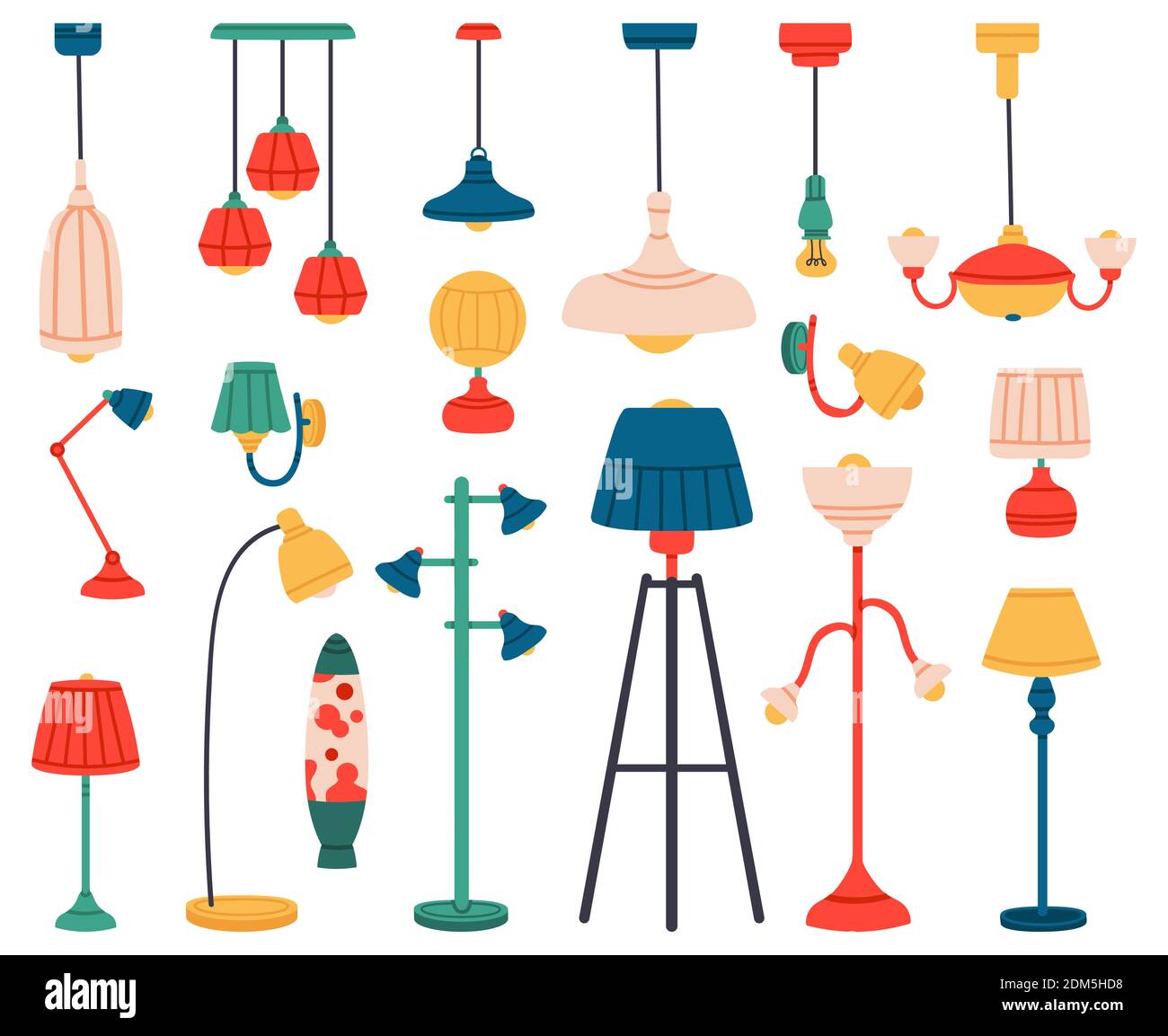Luce domestica. Luci abitacolo, plafoniera, lampada a sospensione, lampada da lettura, proiettore e lampada da terra. Set di illustrazioni vettoriali per illuminazione interna Illustrazione Vettoriale