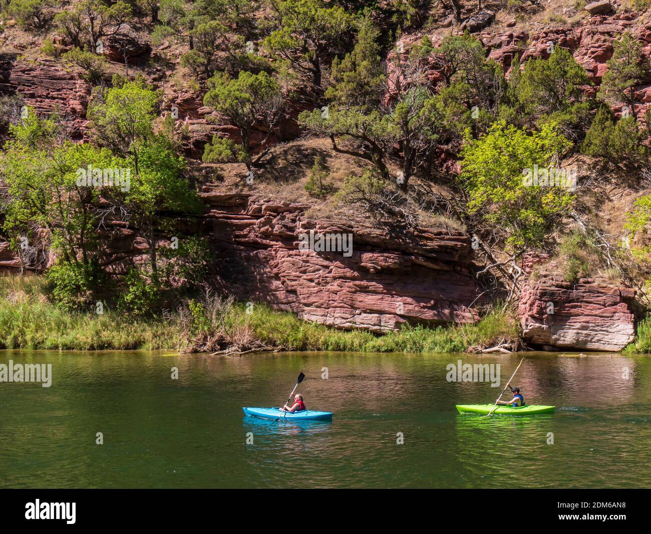 I kayak galleggiano sul fiume Green, Little Hole Trail, Ashley National Forest, Flaming Gorge National Recreation Area vicino a Dutch John, Utah. Foto Stock