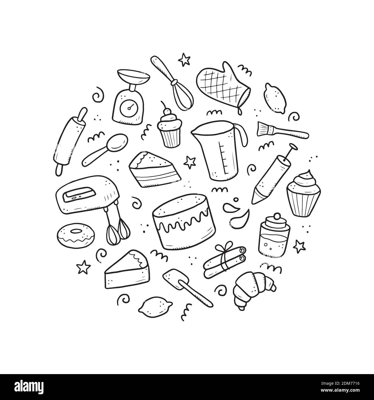 Set di elementi da forno e cottura, mixer, torta, cucchiaio, cupcake, bilancia. Stile di schizzo Doodle. Elemento da forno disegnato da pennarello digitale. Illustrazione dell'icona, del menu, della ricetta. Illustrazione Vettoriale