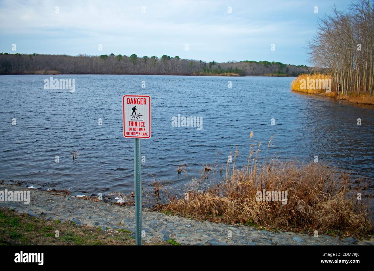 Cartello di avvertimento ghiaccio sottile su un lago poco profondo dopo una giornata piovosa a Helmetta, New Jersey -02 Foto Stock