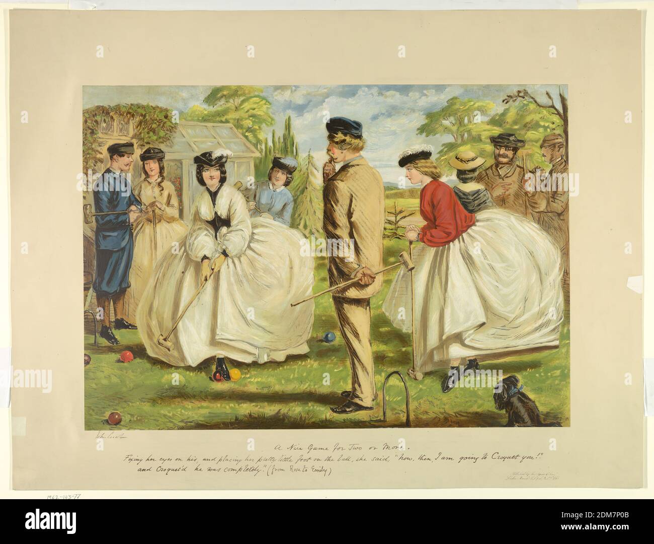 Un gioco di Nizza per due o più (prova), John Leech, inglese, 1817 - 1864, Thomas Agnew and Sons Ltd., inglese, fondato 1835, Chromolithograph su carta, montato su carta pesante, dieci persone in un giardino giocando croquet. Una donna con il piede su una palla, in procinto di colpirla, a sinistra. Titolo e commento, nome e data dell'artista e dell'editore qui sotto., Londra, Inghilterra, Parigi, Francia, 1865, Chromolithograph, Chromolithograph Foto Stock
