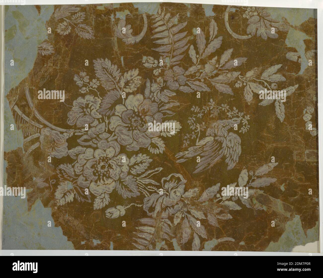 Disegno per un tessuto tessuto, frammento, pennello e gouache bianco su carta da ricalco oleosa, UN uccello, tenendo con la sua becco e il piede un tosse, è mostrato nell'intervallo tra due alti boughs di un mazzo di fiori., Francia, 1840–1870, disegno Foto Stock