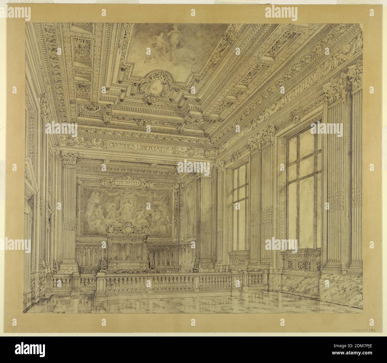 Vista della Sala della Corte, edificio federale, Cleveland, OH, grafite, penna e inchiostro, pennello e lavaggio su carta pesante wove, vista della sala di corte con decorazioni, stampaggio, decorazione del soffitto, pilasters corinzi scanalati. La sala è suddivisa in due aree, divise da una ringhiera. Dados e pavimenti in marmo. Parete di fondo decorata con un debole dipinto di una donna e di altre figure., USA, ca. 1917, architettura, interni, disegno Foto Stock