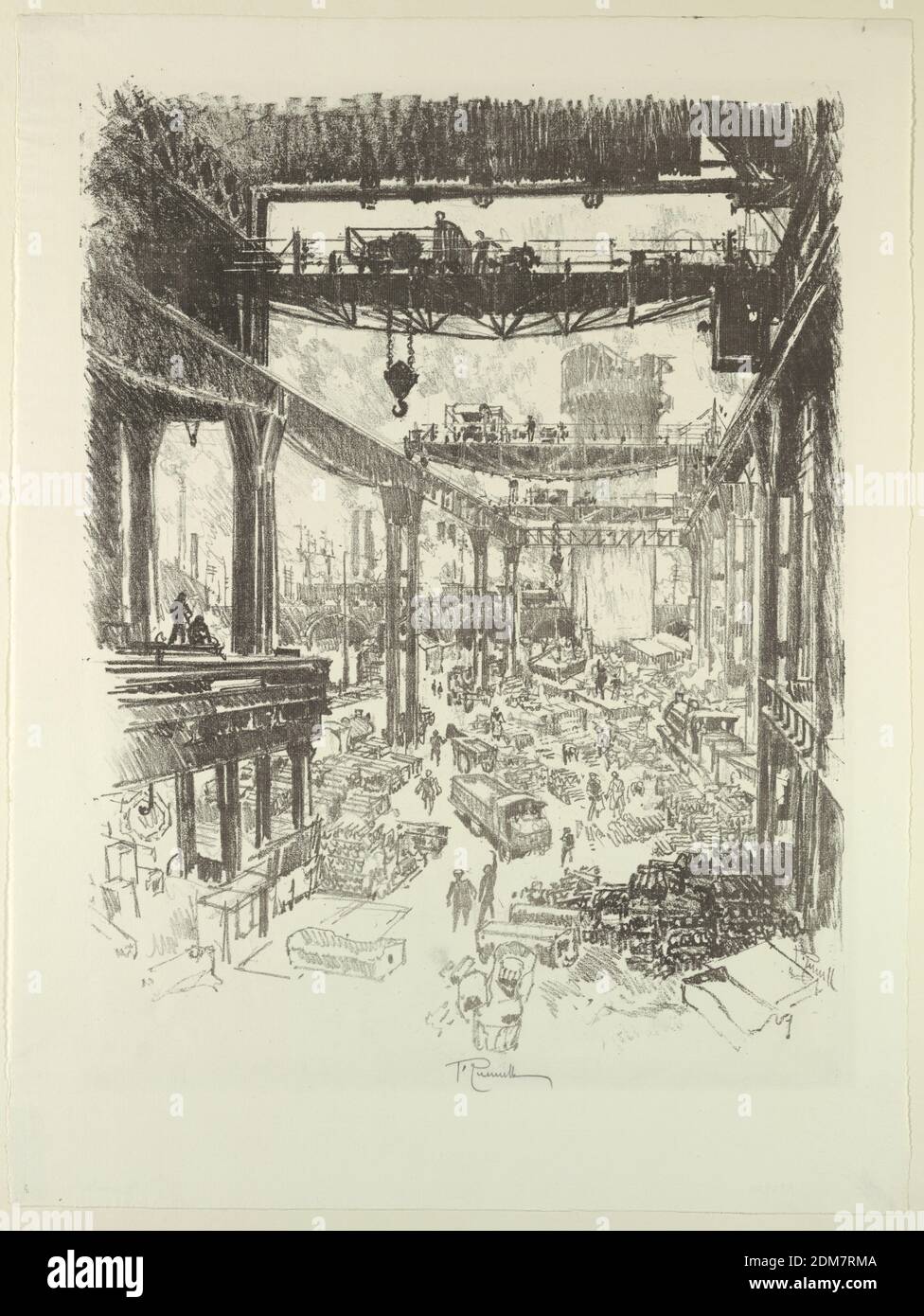 La Grande Torre. Pig-Iron, Joseph Pennell, americano, Inghilterra attiva, 1857–1926, litografia su carta, acciaio telaio lavoro su entrambi i lati, con derricks sopra. Primo piano centrale pieno di camion, carrelli trainati da cavalli e travi metalliche accatastate., USA, 1916, architettura, interni, Stampa Foto Stock