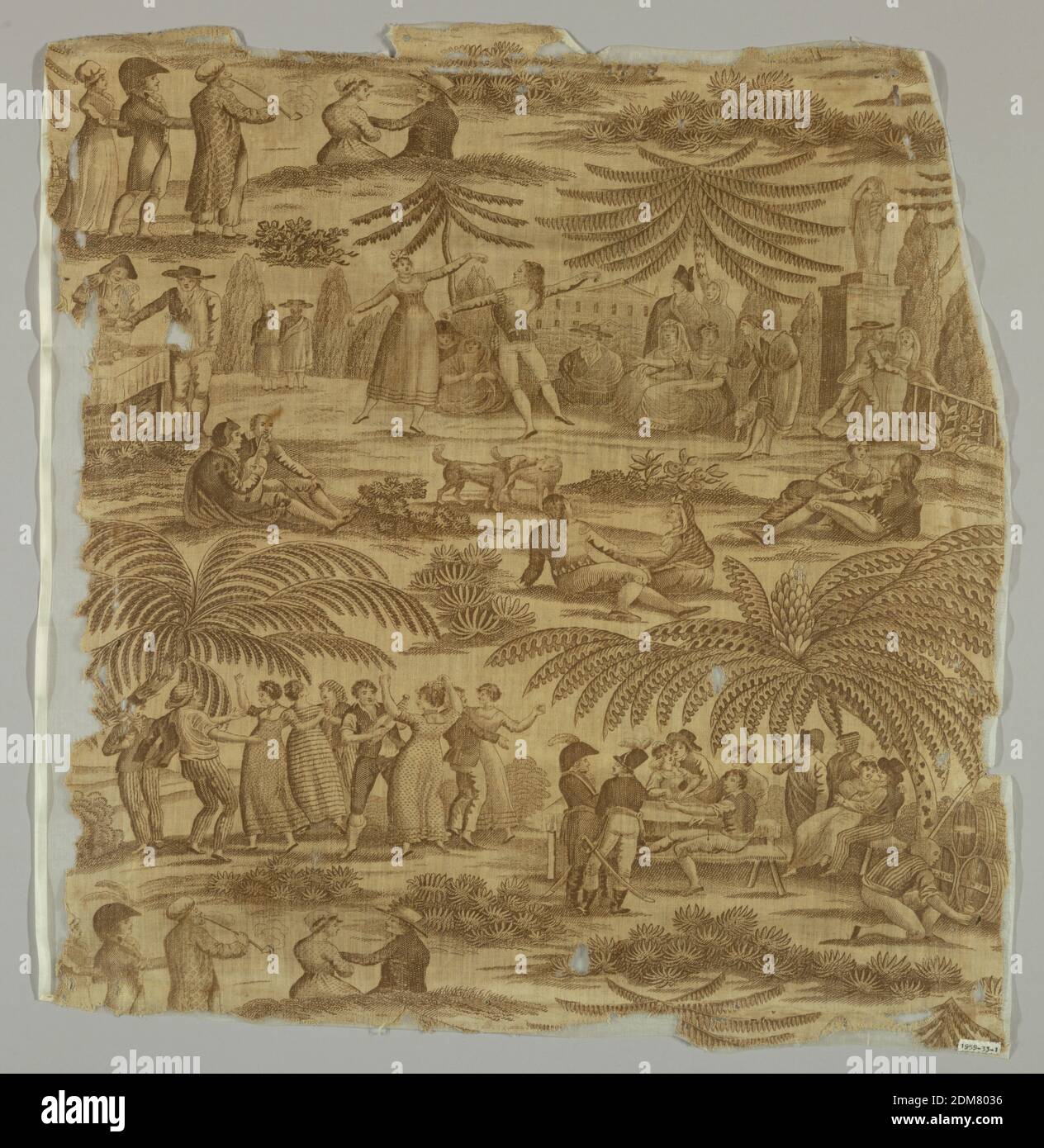 Tessile, John Marshall & Sons, Medio: Cotone tecnica: Rullo stampato, stampato in marrone con scene di danza country, bere e corteggiamento. Alcuni uomini in uniforme di epoca napoleonica con tricorne. Donne in abiti leggeri in stile Impero; alcuni in abiti da corte in stile XVIII secolo. Uomo accovacciato prima di botti di legno inscritto JM&S No 19.Scenes intervallati da grandi palme esagerate., Inghilterra, 1818–24, tessuti stampati, tinti e dipinti, tessile Foto Stock