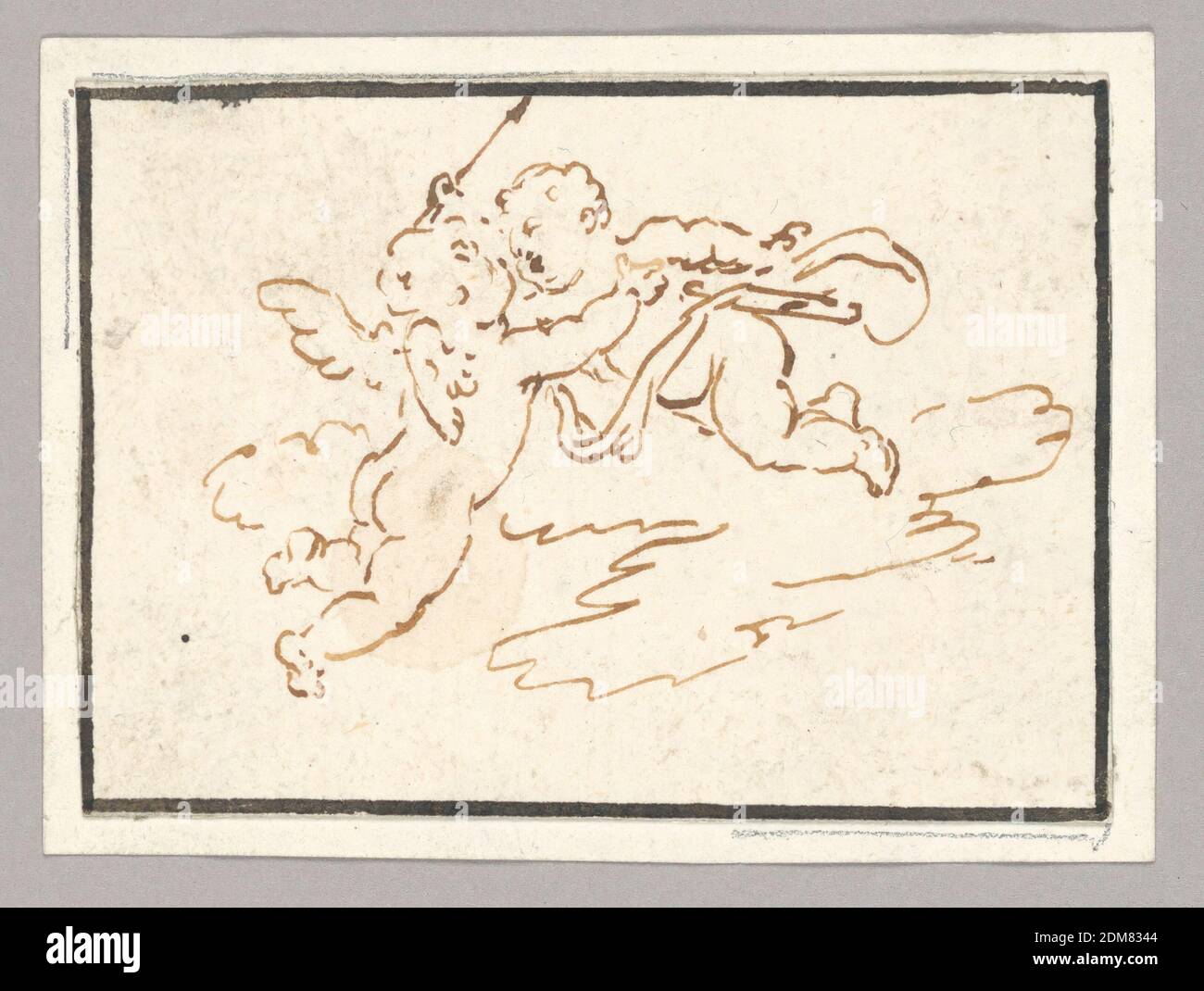 Due Putti Flying, penna e inchiostro su carta, montati, uno è mostrato in profilo dal retro e volando verso l'altro che porta una freccia. Framing Ink Lines., Italy, CA. 1800, disegno Foto Stock