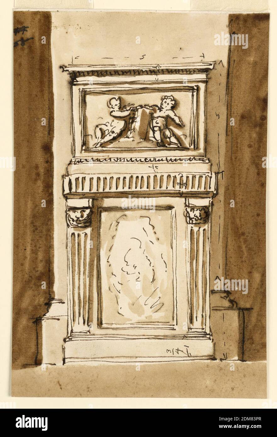 Disegno per il piedistallo e la base di un pilastro in una Chiesa, Giuseppe Barberi, italiano, 1746–1809, penna e inchiostro marrone, pennello e lavaggio marrone su carta depressa biancastra, foderata, il piedistallo inferiore è alto rettangolare con una base bassa, la cui altezza è indicata con '3/4'; così è quello del fregio fluted. Lateralmente sono dei pilastri scanalati con maschere anziché capitelli. Per l'interno del pannello incorniciato sembra essere inteso un ripieno di marmo. Il piedistallo superiore è ampio e rettangolare. Nel suo pannello sono due putti seduta con un libro. L'altezza della sua base e del suo entablature è data come "5" Foto Stock