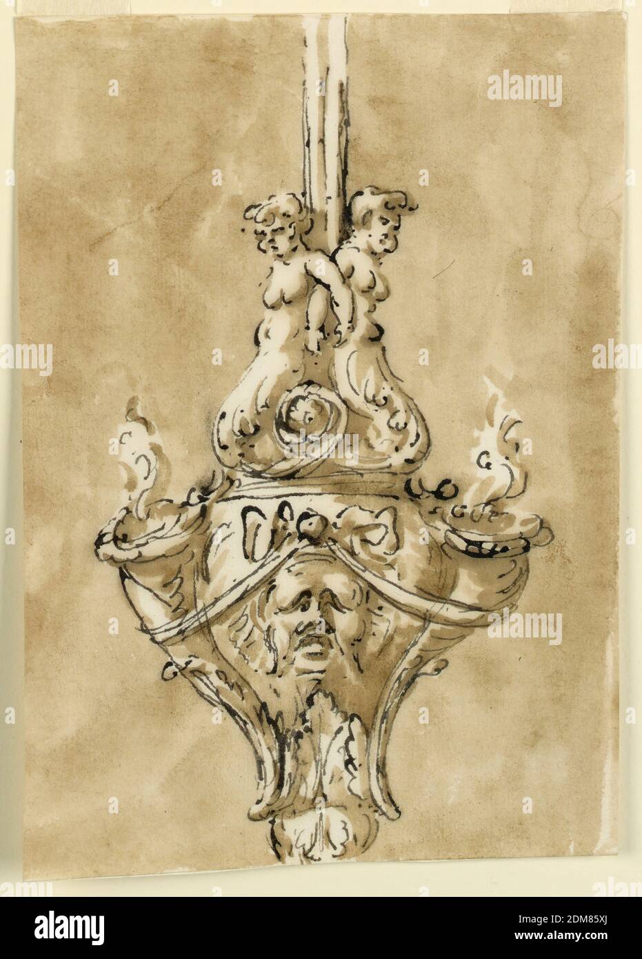 Staffa, Giuseppe Barberi, italiano, 1746–1809, penna e inchiostro marrone, pennello e lavaggio marrone su carta defilata biancastra, foderata, staffa, Roma, Italia, 1746–1809, metallurgia, disegno Foto Stock