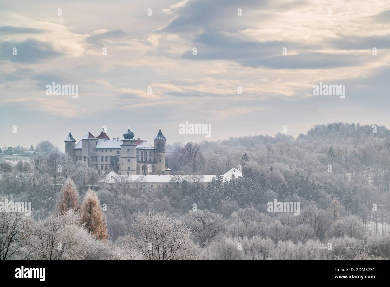 Vista del castello di Nowy Wisnicz in geloso, mattina d'inverno. Polonia Foto Stock