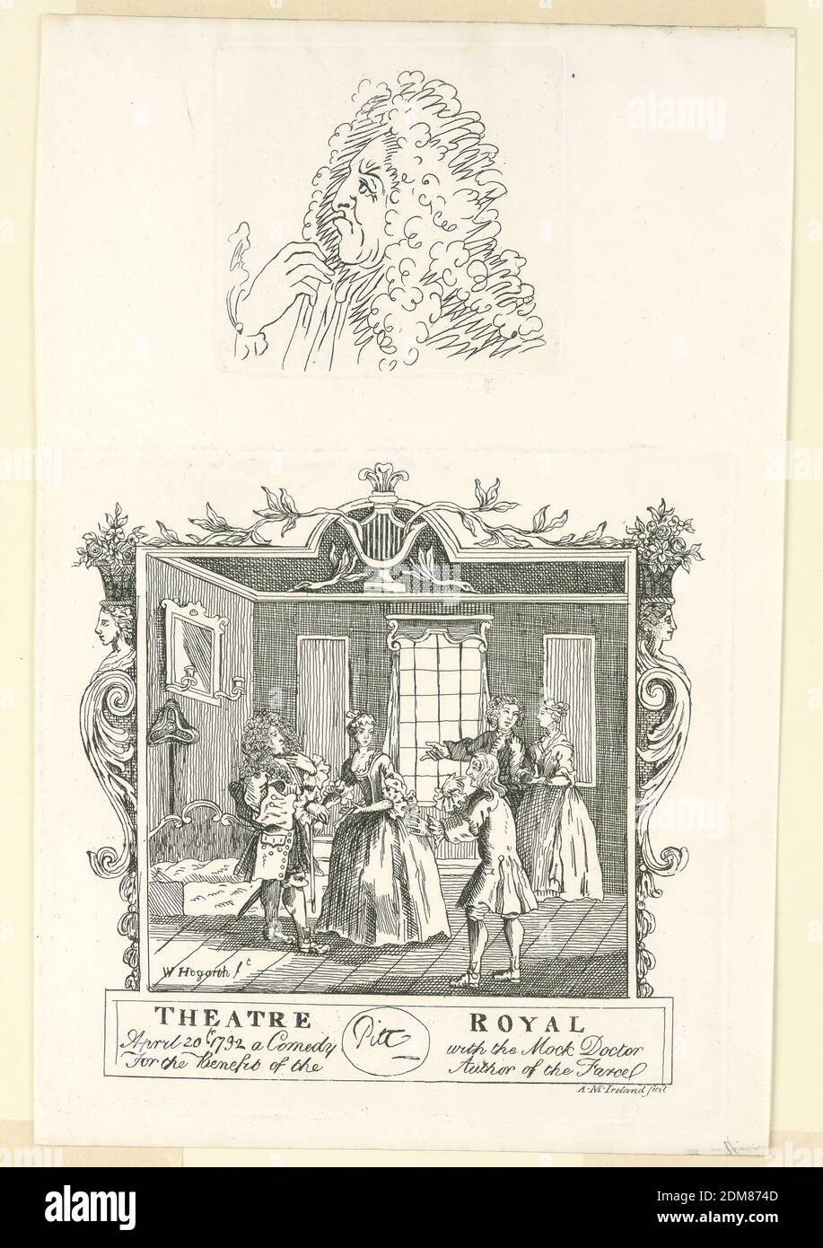 Un biglietto per Theatre Royal; Male caricature, William Hogarth, inglese, 1697 - 1764, IRLANDA, incisione su carta, Belot, una scena con due donne e tre uomini in un salone. Tutti sono in piedi. Incorniciato da Hermes a sinistra e a destra, da ramoscelli e una lira sul margine superiore. Sopra, disegno caricaturale di un uomo con una parrucca in vista laterale rivolta a sinistra. Mezza lunghezza, Inghilterra, 1732-1794, Stampa Foto Stock