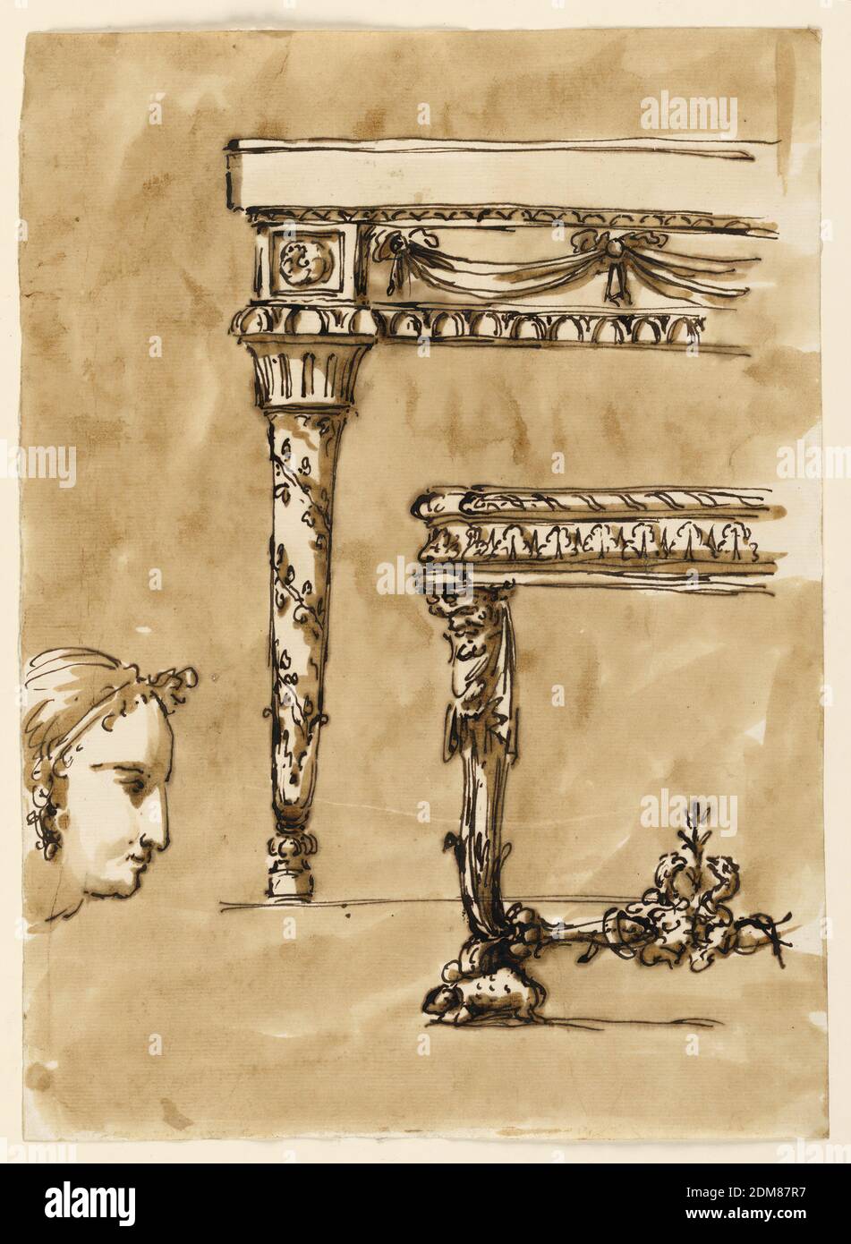 Disegni per due tavoli da console, con testa femmina, Giuseppe Barberi,  italiano, 1746–1809, penna e inchiostro marrone, pennello e lavaggio  marrone su carta deformato biancastra, foderata, da sinistra a destra. La  testa