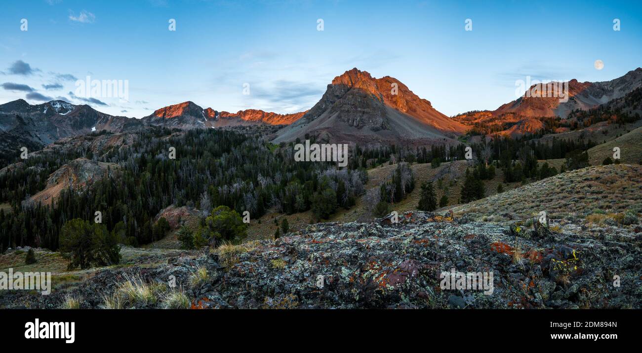 Alba e luna piena al lago Iron Bog vicino all'estremità meridionale delle Pioneer Mountains dell'Idaho e del bacino del rame. Foto Stock