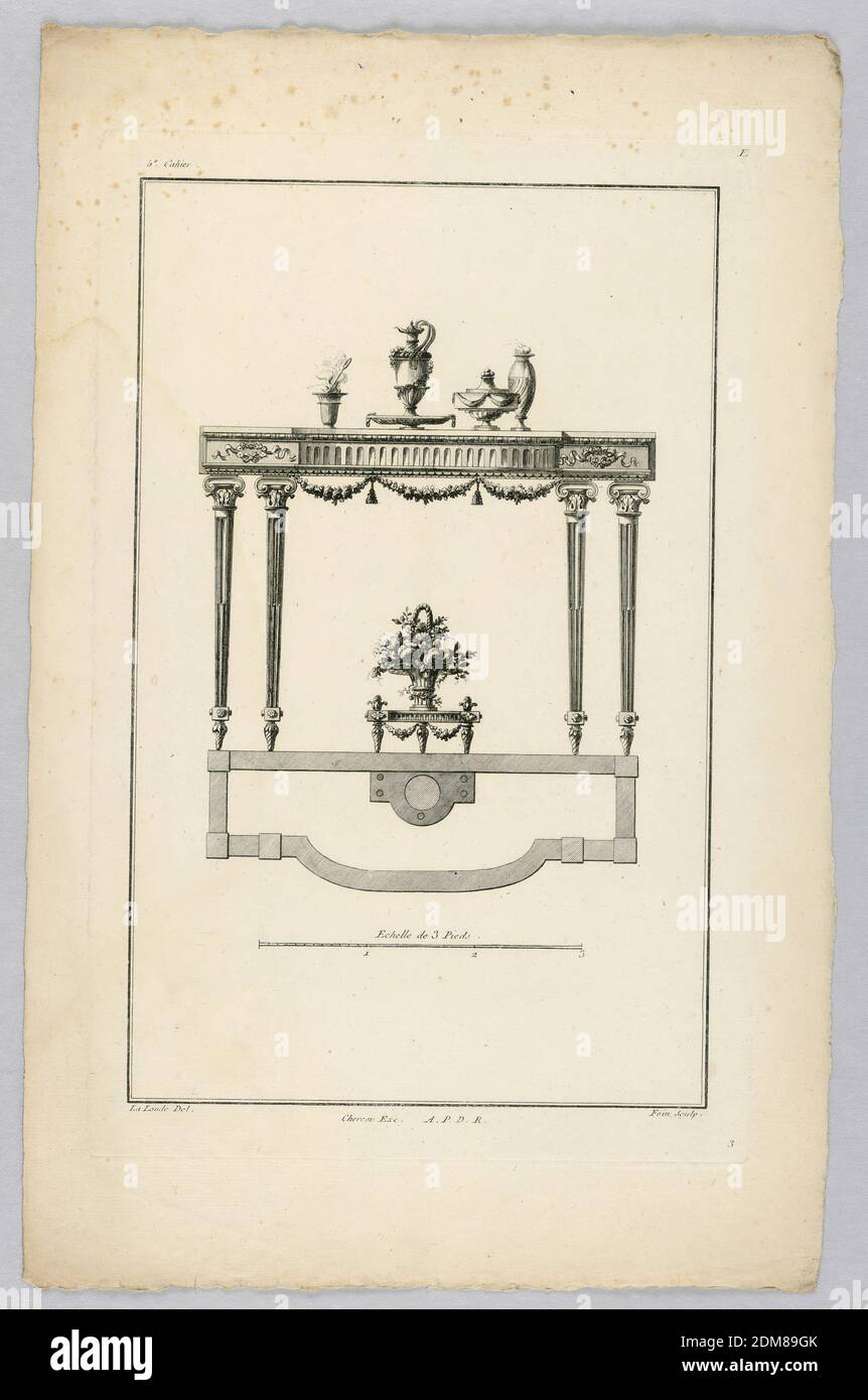 Design for Table, Augustin Foin, French, 1726 - ca. 1759, Richard de Lalonde, francese, attivo 1780–96, incisione su carta, Europa, Francia, XVIII secolo, Stampa Foto Stock